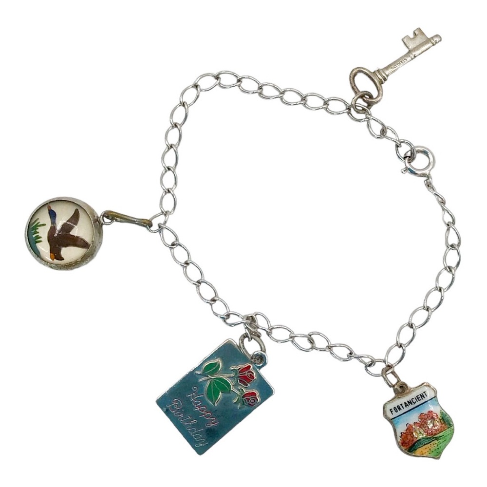 Vintage .925 Sterling Silver Intaglio Crystal Duck Charm Chainlink Bracelet